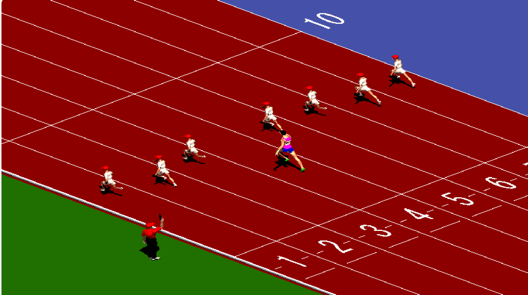 Runners competing in a 100-meter race in Sprinter Game